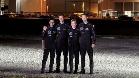 Axiom Mission 4 crew, from left to right, ISRO (Indian Space Research Organization) astronaut Shubhanshu Shukla, Tibor Kapu of Hungary, former NASA astronaut Peggy Whitson and ESA (European Space Agency) astronaut Slawosz Uznanski-Wisniewski of Poland, ahead of the scheduled launch of the mission to the International Space Station.