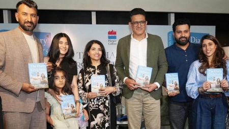 File image of Cheteshwar Pujara, his wife Puja, Anil Kumble and Rohit Sharma during the book launch of The Diary of a Cricketer's Wife' penned by Pujara's wife, Puja, in Mumbai. (Express Photo by Devendra Pandey)