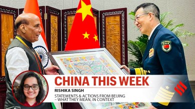 Defence Minister Rajnath Singh gifts a Madhubani painting from Bihar to Chinese Defence Minister Admiral Dong Jun at the Shanghai Cooperation Organisation (SCO) Defence Ministers’ Meeting, in Qingdao, China.