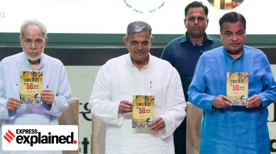 Union Minister of Road Transport and Highways Nitin Gadkari (right) with RSS Sarkaryavah Dattatreya Hosabale in New Delhi.