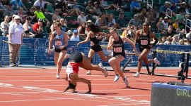 Hurdler Brooklyn Anderson lost balance clearing the last hurdle and stumbled, but stayed in the lane with two forward somersaults to reach finish line first on May 31. (Instagram/@osaasports)