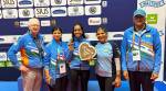 Indian shooter Elavenil Valarivan poses with the coaching staff after winning the bronze medal in women’s individual 10m air rifle final in ISSF World Cup in Munich, Germany. (Image via Special Arrangement)