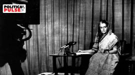 Prime Minister Indira Gandhi addressing the nation from the Doordarshan studio during the Emergency. (Express archives).jpg