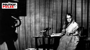 Prime Minister Indira Gandhi addressing the nation from the Doordarshan studio during the Emergency. (Express archives).jpg