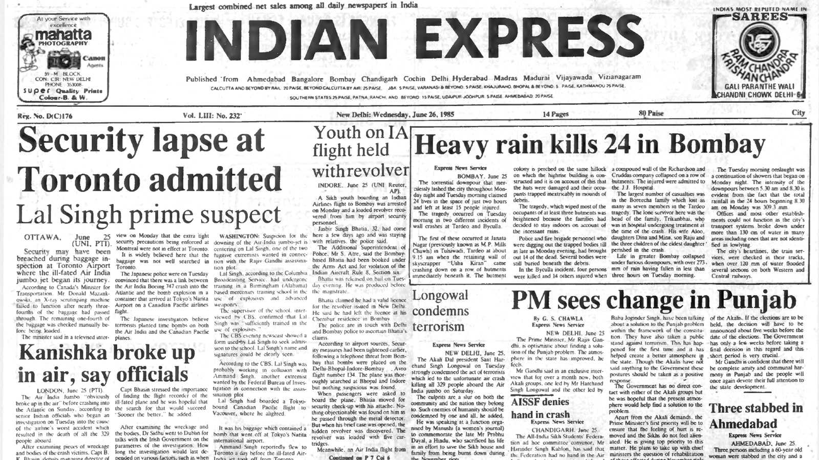 June 26 1985, Forty Years Ago: Air India Tragedy