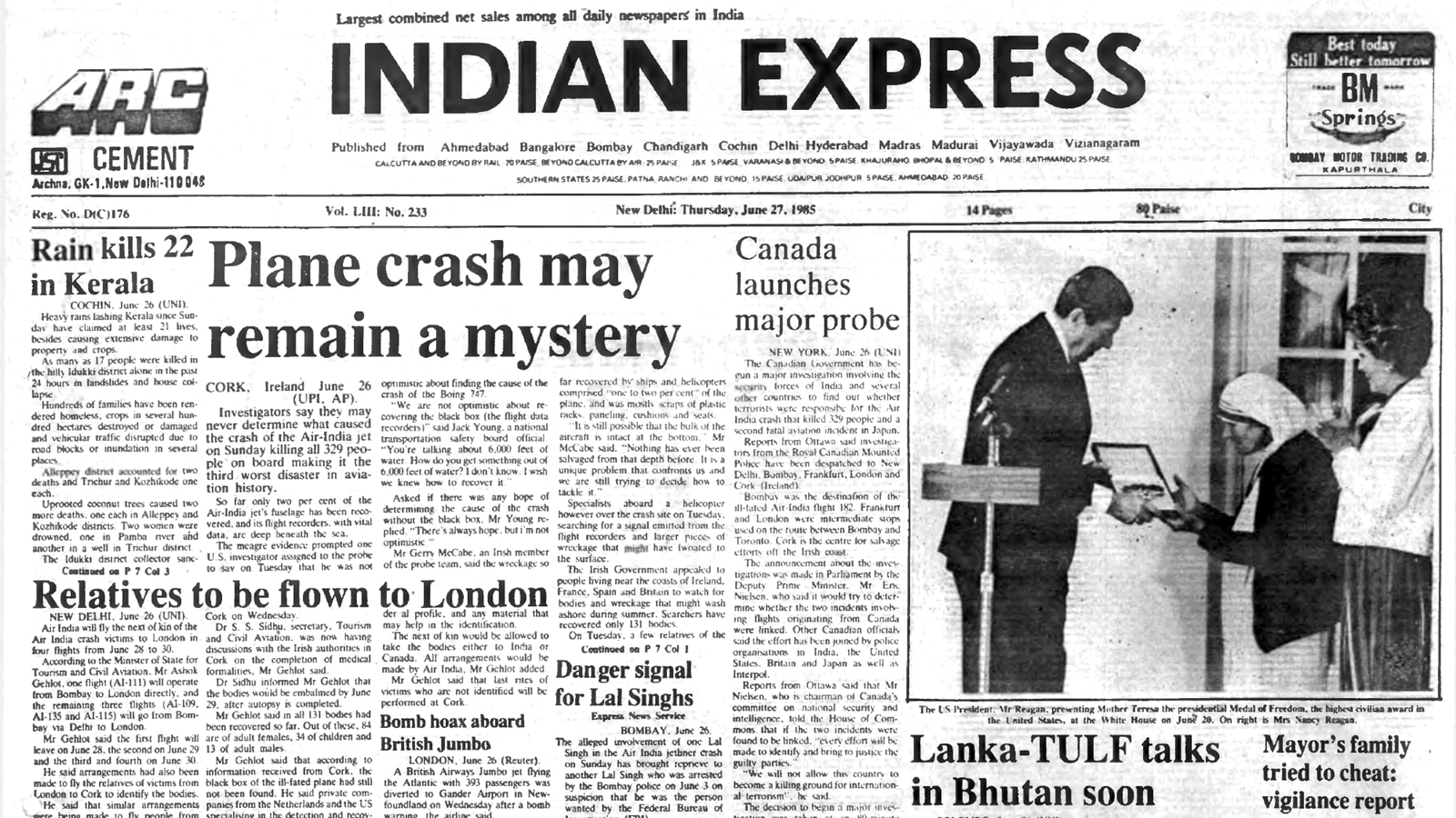 June 27, 1985, Forty Years Ago: Air India Crash