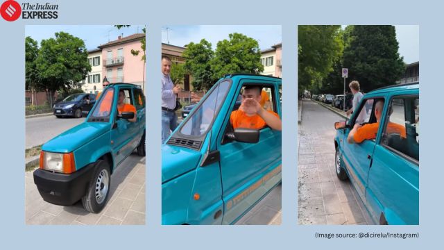 Painted in a soft sky-blue shade, the car looks almost like it was ripped out of a cartoon–comically flat and impossibly thin