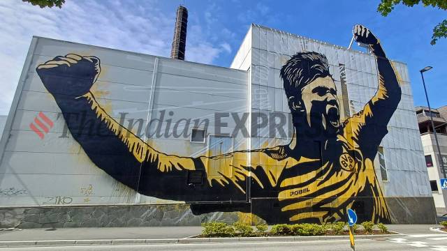 The Erling Haaland mural in Bryne by Pøbel. (Express Photo by Amit Kamath)