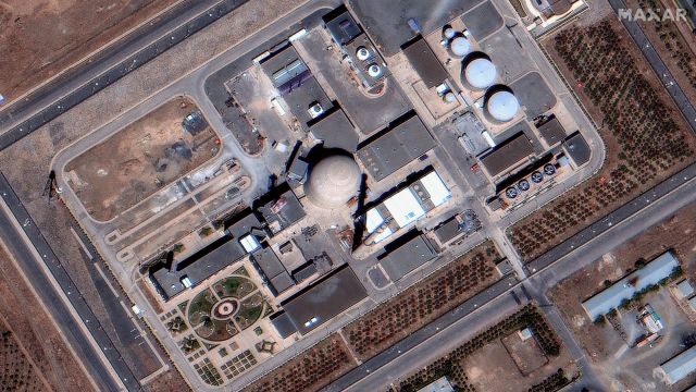 This satellite image provided by Maxar on June 18, 2025 shows Iran's Arak heavy water reactor building before Israel launched airstrikes on the reactor.
