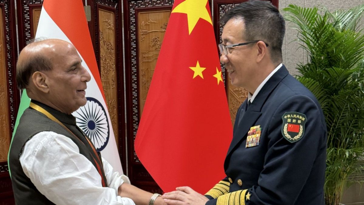Defence Minister Rajnath Singh met with his Chinese counterpart, Admiral Dong Jun, on the sidelines of the Shanghai Cooperation Organisation (SCO) Defence Ministers’ meeting. (X/RajnathSingh)