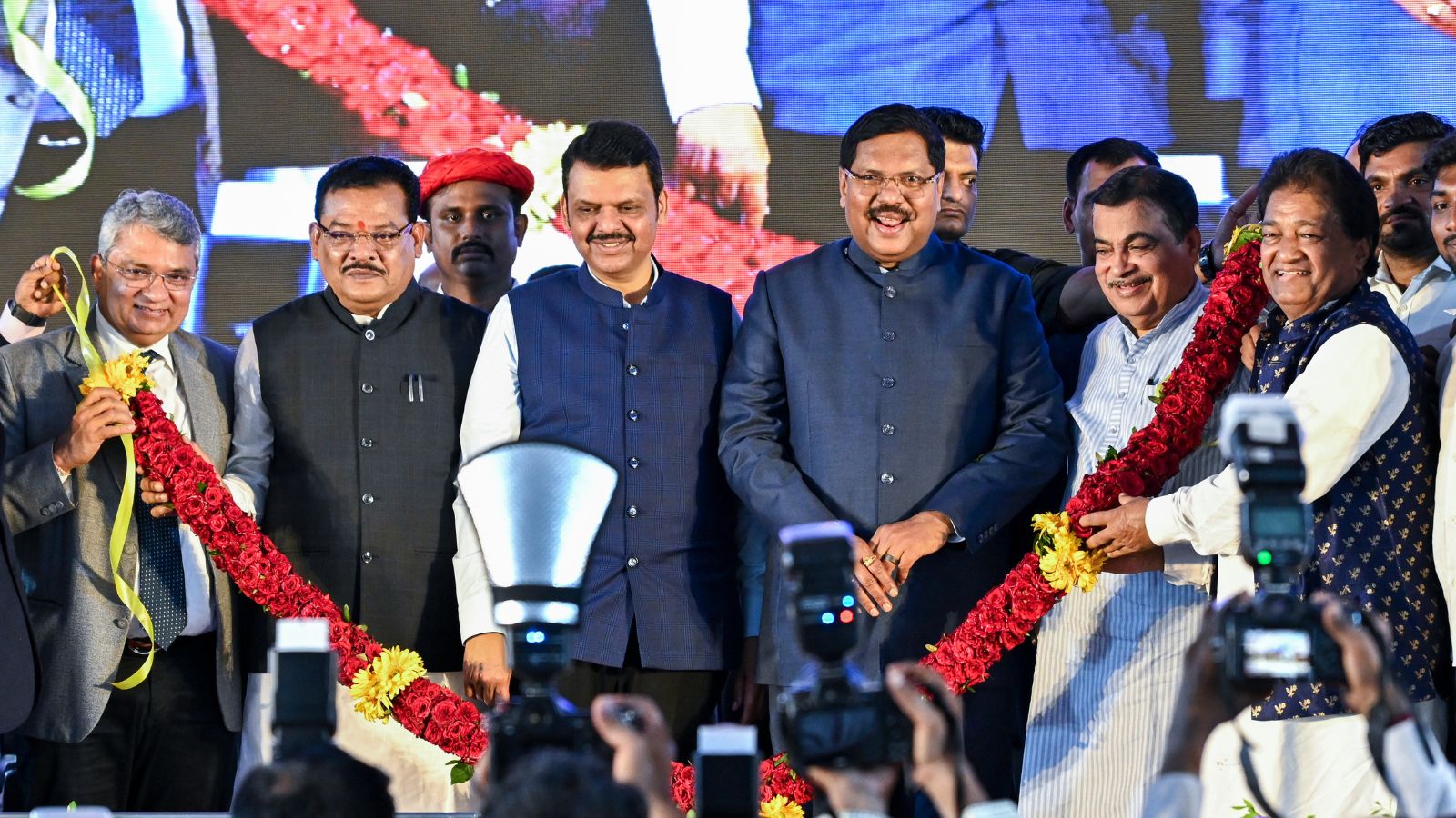 Chief Justice of India B.R. Gavai with Union Minister Nitin Gadkari and Maharashtra Chief Minister Devendra Fadnavis during the inauguration of the Constitution Preamble Park