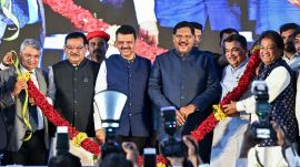 Chief Justice of India B.R. Gavai with Union Minister Nitin Gadkari and Maharashtra Chief Minister Devendra Fadnavis during the inauguration of the Constitution Preamble Park
