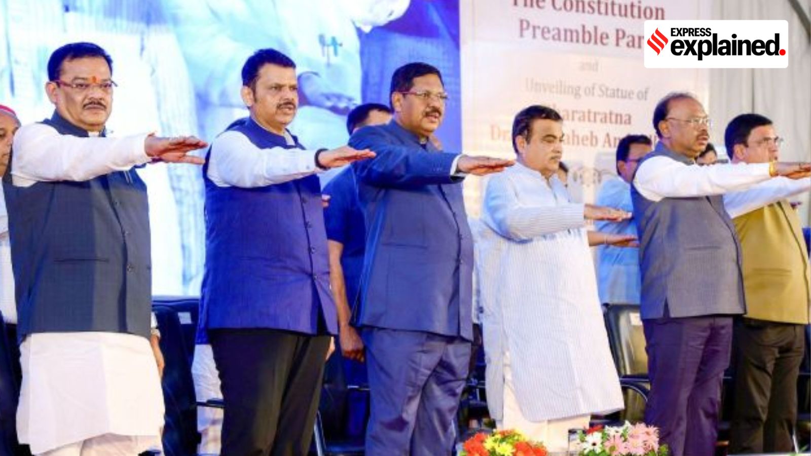 CJI Ramkrishna Gavai, Union Minister Nitin Gadkari, Maharashtra CM Devendra Fadnavis and others takes an oath during the inauguration ceremony of Preamble Park and the statue of Dr BR Ambedkar. (ANI Photo)