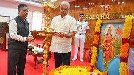 Kerala Governor Rajendra Vishwanath Aralekar inaugurating the World Environment Day at Raj Bhavan in front of the photo of Bharat Mata. (Express Photo)