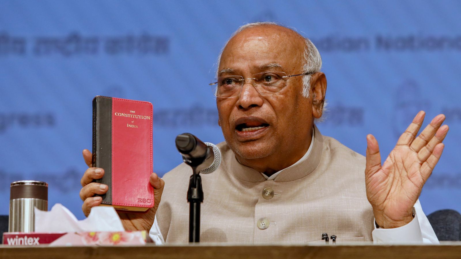 Congress leader Mallikarjun Kharge addresses press conference on 50th anniversary of Emergency