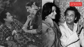 Kishore Kumar with second wife Madhubala (left), and third wife Yogeeta Bali (right)