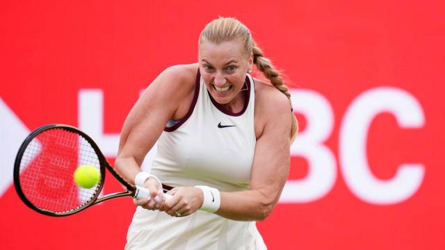 Czechia's Petra Kvitova hits the ball during her match against Brazil's Beatriz Haddad Maia, not pictured, on day one of the HSBC Championships at The Queen's Club, in London, Monday, June 9, 2025. (John Walton/PA via AP)