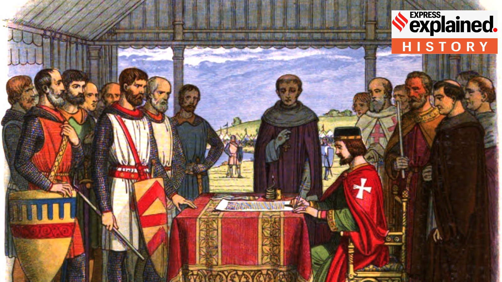 A 19th century representation of the king agreeing to the Magna Carta, with King John seated and the barons around him.