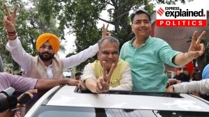 AAP candidate Sanjeev Arora (centre) with Punjab Cabinet minister Aman Arora and Tarunpreet Singh Saundh, after winning the Ludhiana West byelection on Monday (June 23).