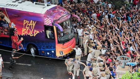 RCB Victory Parade LIVE Updates: RCB's team bus arriving at the Chinnaswamy Stadium (AP Photo)