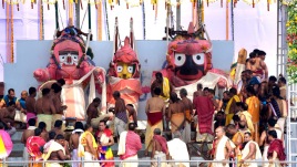 The deities — Sri Sri Jagannath, Baladev, and Subhadra Devi — will be ceremoniously brought out from the temple’s inner sanctum to the Snan Bedi