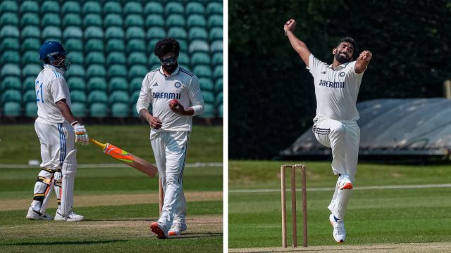  Sarfaraz Khan cracked a 76-ball hundred as Jasprit Bumrah went wicketless in Beckenham. (BCCI)