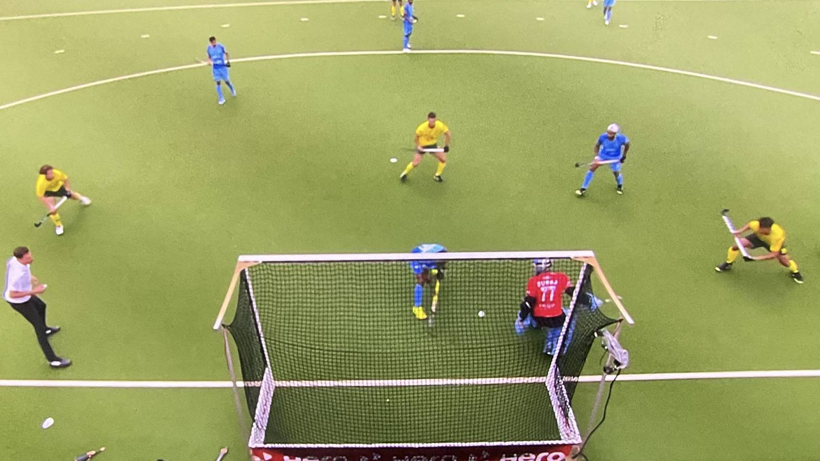 Sumit tried to hit the ball out of danger in dying moments against Australia. However, it was deemed as dangerous, resulting in a penalty corner for Australia