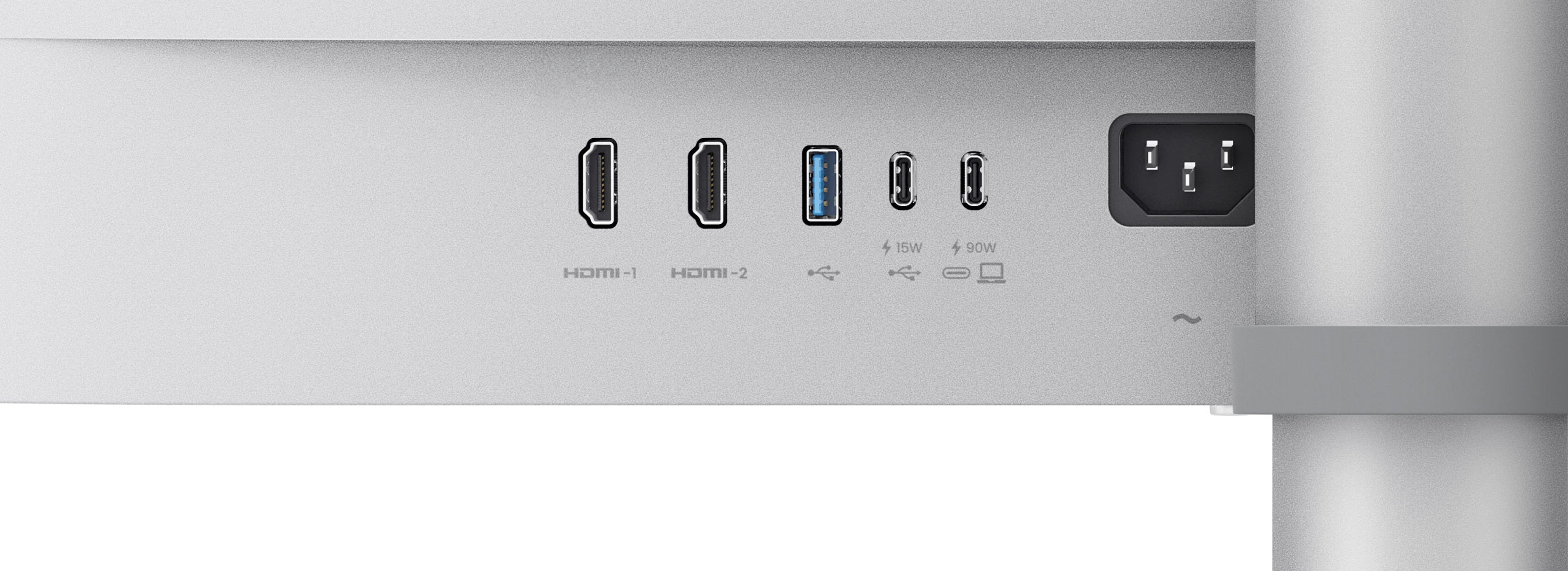 All display outputs are positioned on the lower-left side at the rear of the monitor.