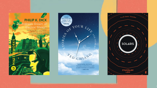 book covers of sci-fi books do android dream of electric sheep, the stories of your life and others, and solaris superimposed on the book cover of klara and the sun