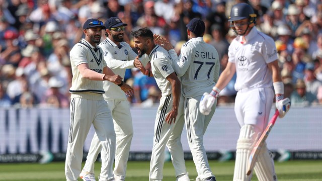 India's Akash Deep, celebrates with teammates after the dismissal of England's Ollie Pope. (AP)