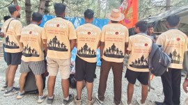 Amarnath Yatra pilgrims wearing Operation Sindoor t-shirts gear up for the trek.