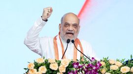 Amit Shah addresses an event marking 4th anniversary of the Ministry of Cooperation and the 150th birth anniversary year of Sardar Vallabhbhai Patel, in Anand on Sunday. (ANI Photo)