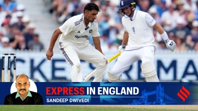 England's Joe Root, right, and India's Anshul Kamboj on the third day of the fourth cricket test match between England and India at Emirates Old Trafford, Manchester, England, Friday, July 25, 2025. (AP Photo)