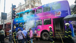 Firefighters douse the fire that broke out in a double-decker electric bus operated by Brihanmumbai Electric Supply and Transport (BEST). (ANI Photo)