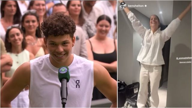 Ben Shelton (L) speaking during his on-court interview. Emma Shelton (R) celebrates getting time off from work. (Screengrab via Instagram)