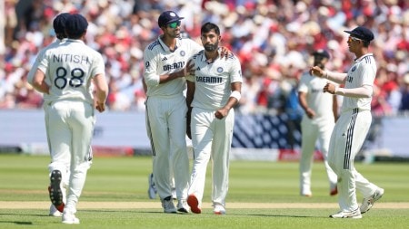 India's Jasprit Bumrah, celebrates with teammates after the dismissal during 3rd Test against England at Lord's. (AP)
