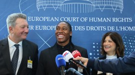 South Africa's Caster Semenya, center, answers reporters with lawyers Gregory Nott, left, and Shona Jolly KC after Semenya won a partial victory at the European Court of Human Rights on in her seven-year legal fight against track and field's sex eligibility rules, Thursday, July 10, 2025 in Strasbourg, eastern France. (AP Photo)