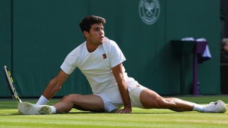 Carlos Alcaraz during Wimbledon final against Jannik Sinner. (AP)