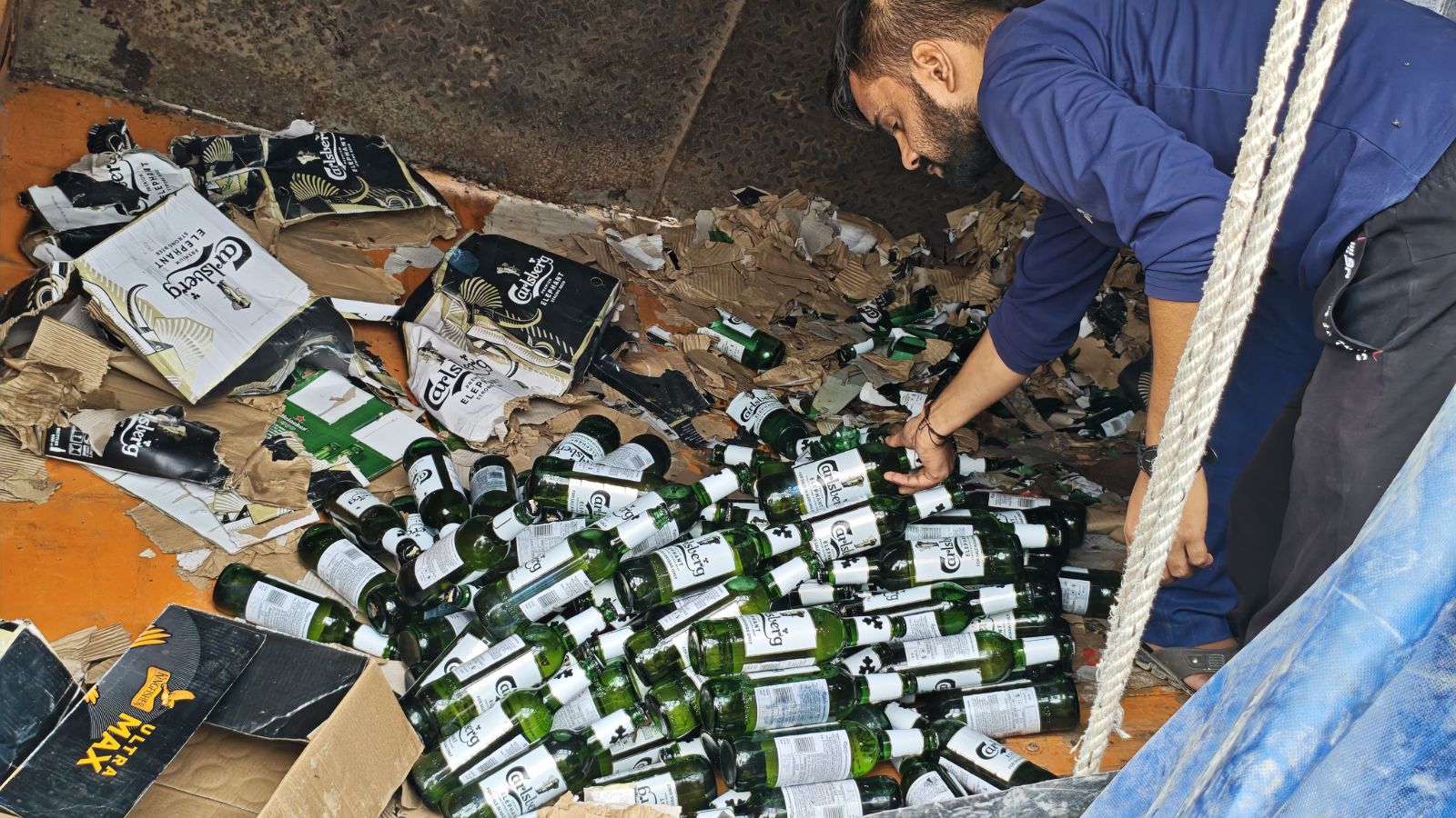 The truck was carrying at least 1,500 crates of the popular beer when it plunged headfirst into the ground as the road vanished under its wheels on Wednesday night. Abhimnayu Hazarika