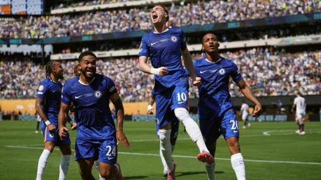 Chelsea's Cole Palmer celebrates with teammates after scoring a goal against Paris Saint-Germain during Club World Cup final. (AP)