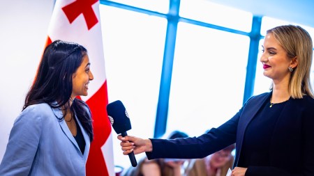 Divya Deshmukh gives an interview after Game 2 in Round 3 at the FIDE Women’s World Cup in Batumi. (PHOTO: FIDE via Anna Shtourman)