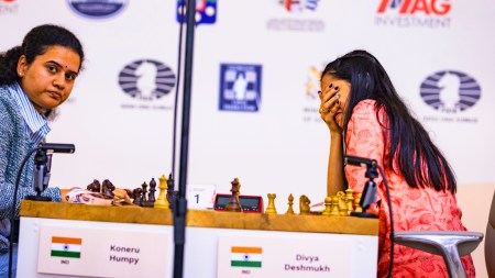 Divya Deshmukh reacts after winning her second tiebreak game against Koneru Humpy in the FIDE Women's World Cup at Batumi. (PHOTO: FIDE/Anna Shtourman)