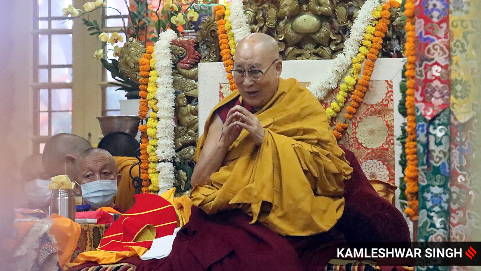 Dalai Lama during a prayer meeting ahead of his 90th birthday celebrations in McLeodganj on Saturday.