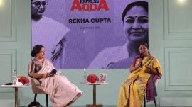 Delhi CM Rekha Gupta, Indian Express Executive Director Anant Goenka, Indian Express National Opinion Editor Vandita Mishra at the Indian Express Adda in New Delhi on Thursday. A large number of guests attended the event. (Express Photo by Tashi Tobgyal)