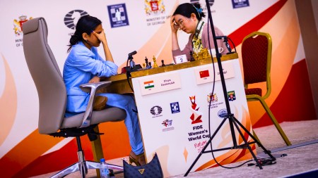 With victory only a few moves away, Divya Deshmukh reacts during her semi-final against Tan Zhongyi at the FIDE Women's World Cup. (Credit: Anna Shtourman/FIDE)