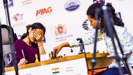 Divya Deshmukh reacts during the first game of the FIDE Women's World Cup final against Koneru Humpy at Georgia's Batumi. (PHOTO: FIDE via Anna Shtourman)