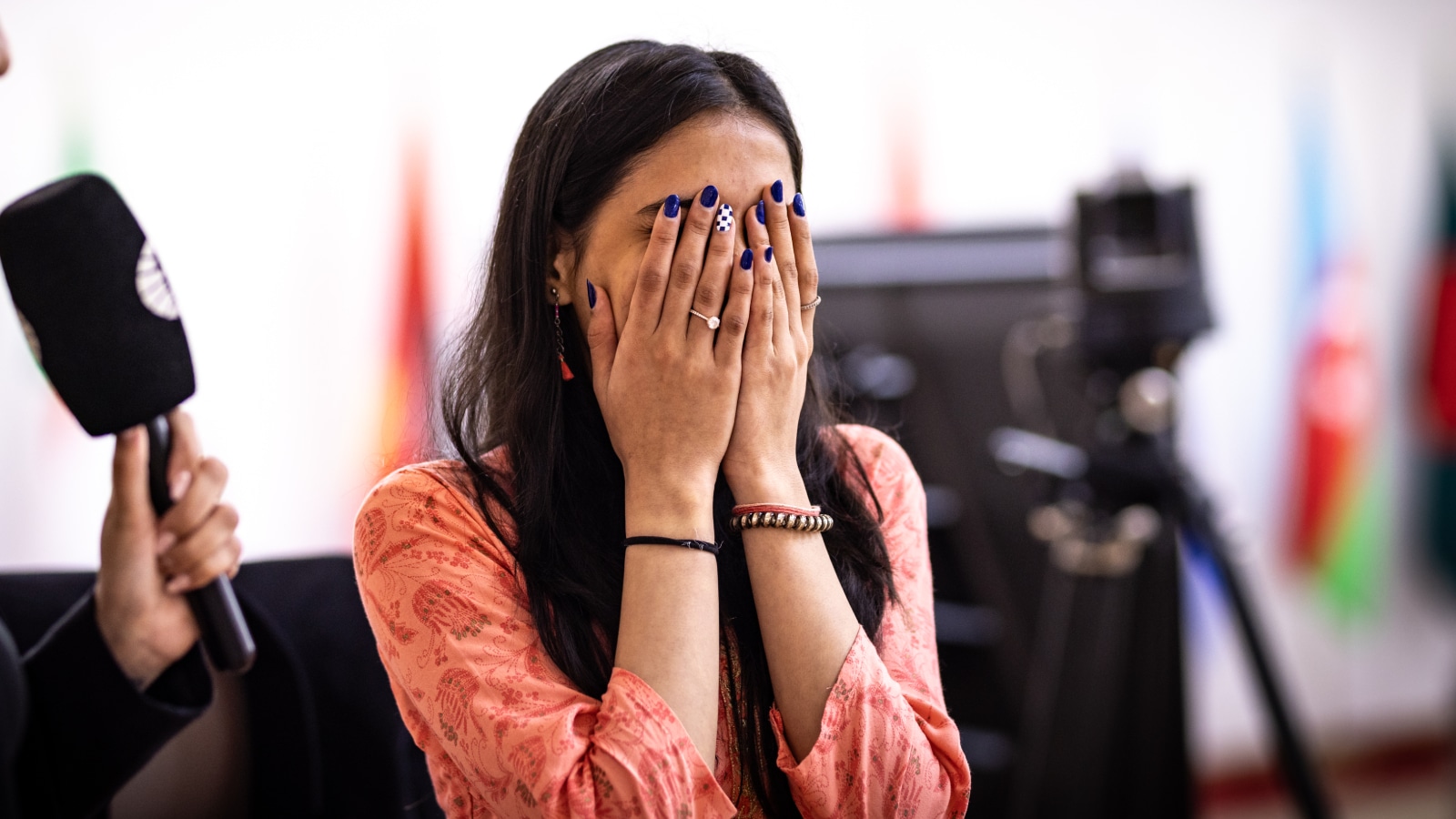 India's Divya Deshmukh emotional after reaching FIDE Women's World Cup final. (FIDE/Anna Shtourman)