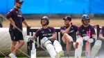 England head coach Brendon McCullum, captain Ben Stokes, coach Tim Southee and Ollie Pope during a nets session at Edgbaston, Birmingham. (AP Photo)