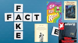 A crossword showing fake and fact intersecting with the covers of novels that have been in the eye of controversy