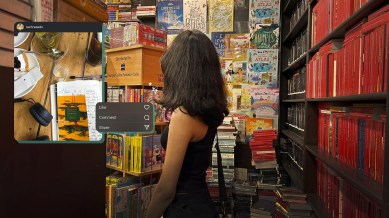 A Bookstagram post superimposed on a picture of a girl browsing through a bookstore
